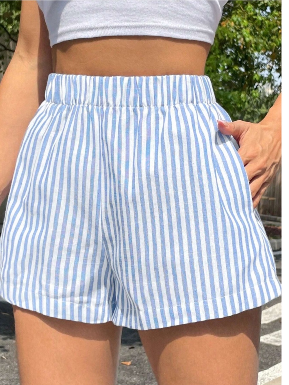Striped Blue White Shorts Elastic Waist - Picture 7 of 8